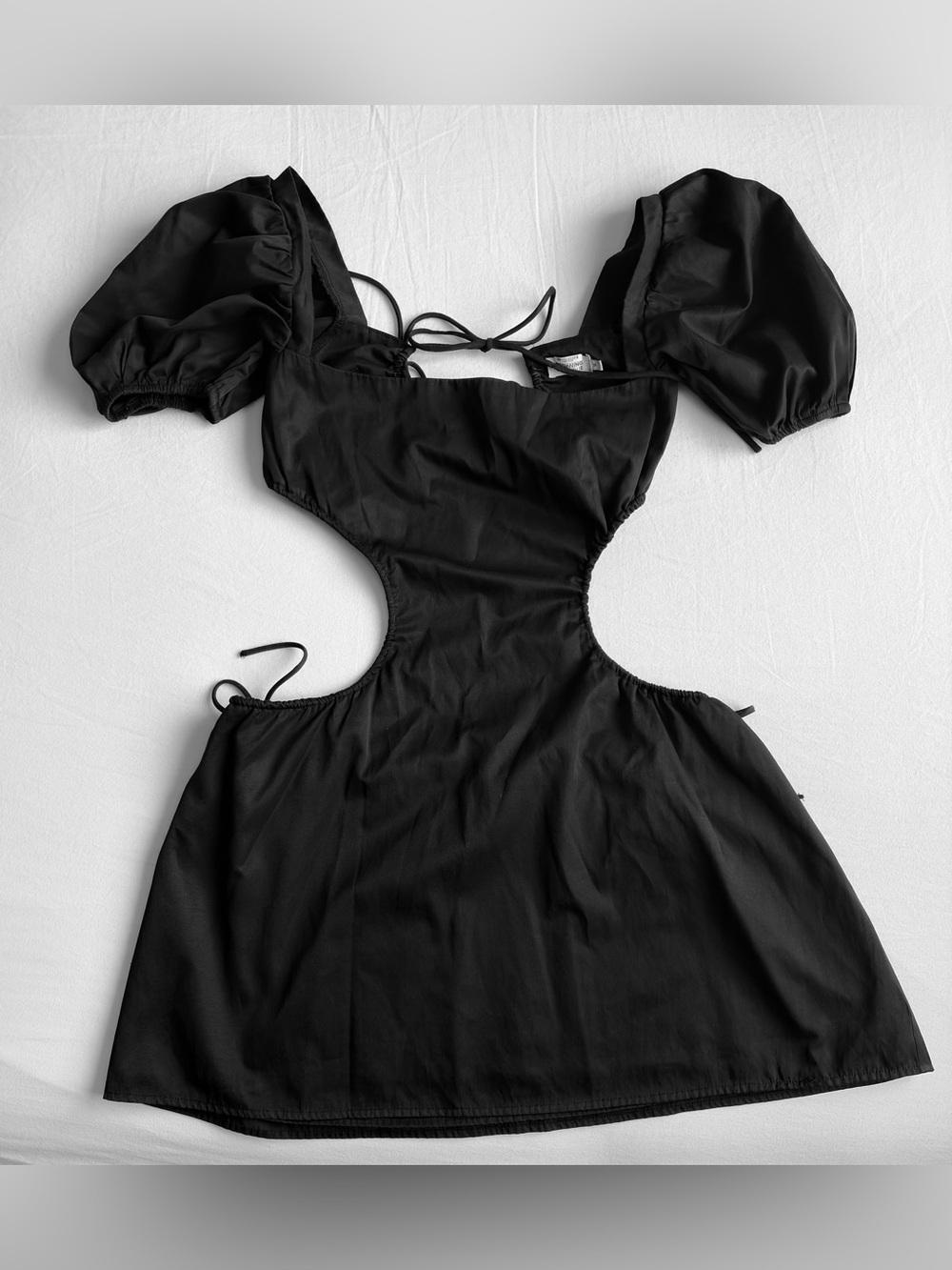Beginning Boutique Black Cutout Puff-Sleeve Mini Dress with Tie Back